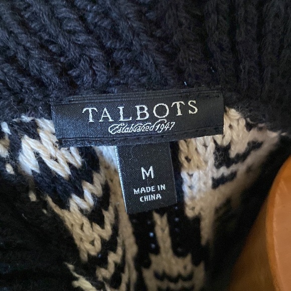 Talbots chunky knit open front black/cream boho print cardigan. Wool blend. Sz M - Picture 8 of 8